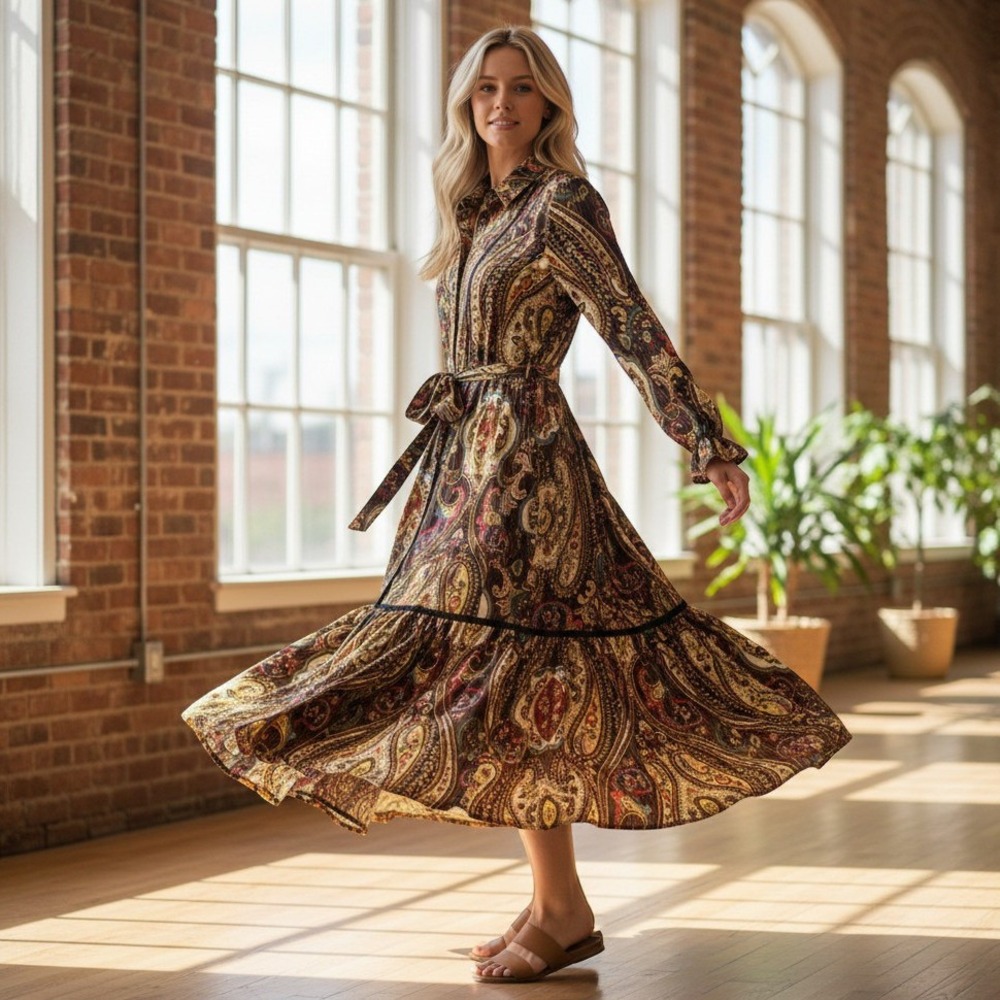 New Zara Dress Women M Multi Color Paisley Metallic Tiered Whimsical Boho Midi